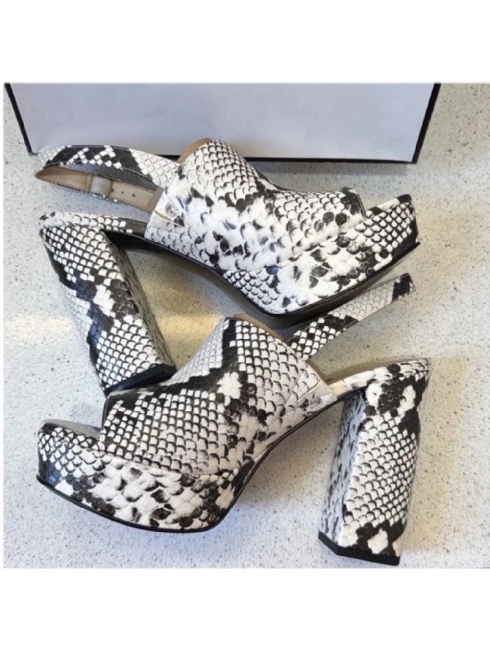 GUESS Snake-Print Platform Slingback Heels in Black & White